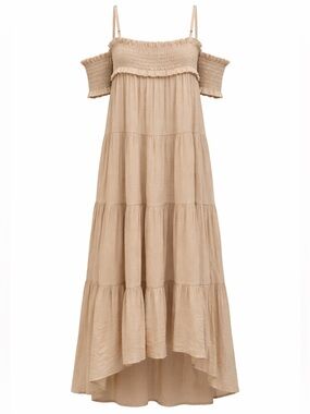 Anthropologie Sarah Hann 2X Beige Tiered Maxi Dress Boho Off Shoulder